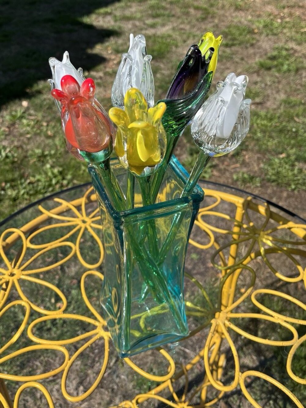Hand Blown Art Glass Tulip Flower Bouquet Aqua Vase Murano Style Mid Century